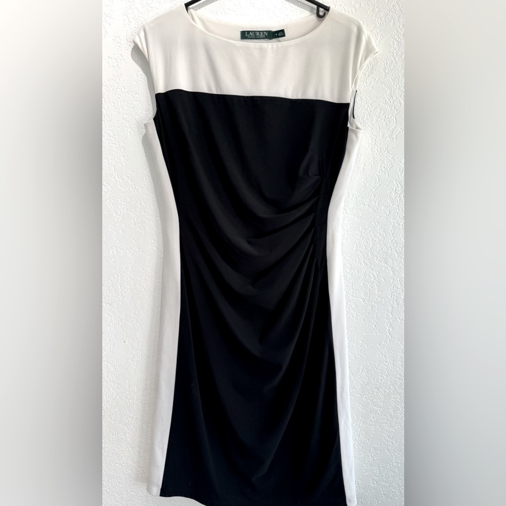 Lauren Ralph Lauren, black and white sheath dress.